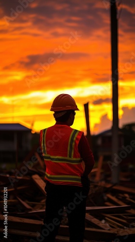 Construction Worker Overlooking Sunset at Job Site Reflecting on Day's Work and Future Challenges