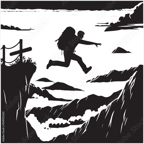 Hiker people joyfully jump from a cliff, framed by a stunning sunset, symbolizing exhilaration and the spirit of adventure.
