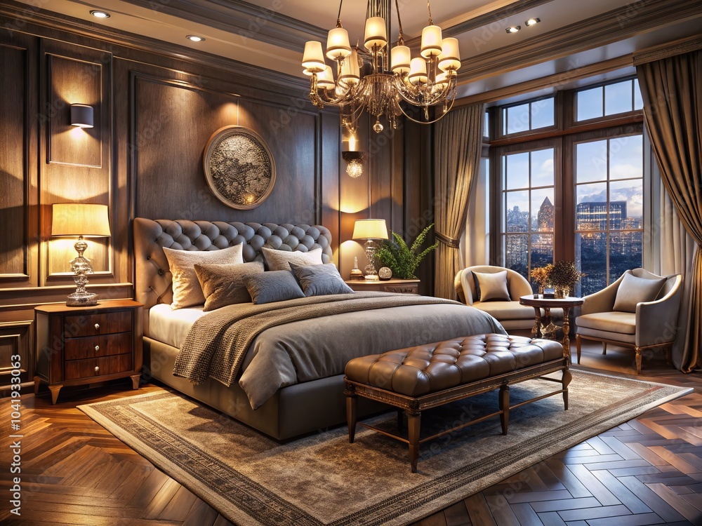 Fototapeta premium Luxurious Bedroom Interior with Long Exposure Lighting for a Serene Atmosphere