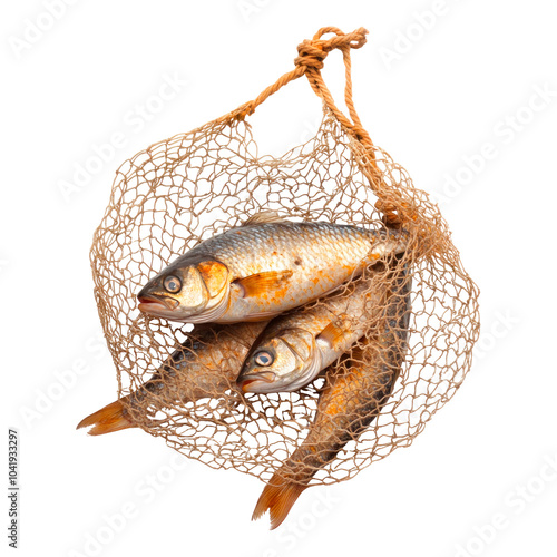 Fishing net filled with fish. Isolated on transparent background.