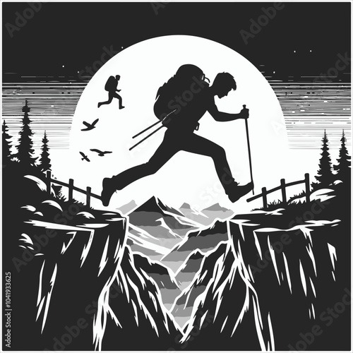 Hiker people joyfully jump from a cliff, framed by a stunning sunset, symbolizing exhilaration and the spirit of adventure.