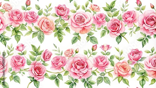 Decorative pink rose watercolor pattern in white background