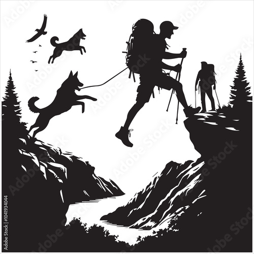 Hiker people joyfully jump from a cliff, framed by a stunning sunset, symbolizing exhilaration and the spirit of adventure.