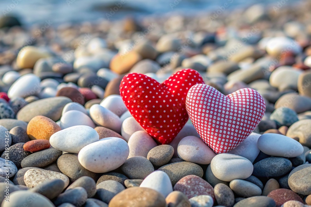 Decorative red white hearts on gray sea pebbles Decorative red white hearts on gray sea pebbles