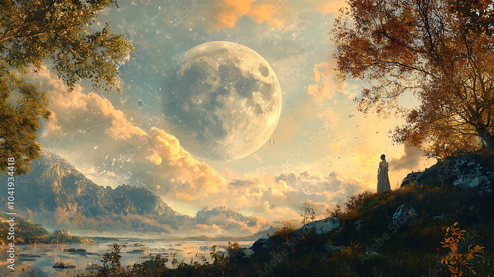 A serene moonlit landscape embracing tranquility in nature's embrace beneath a majestic sky A serene moonlit landscape embracing tranquility in nature's embrace beneath a majestic sky