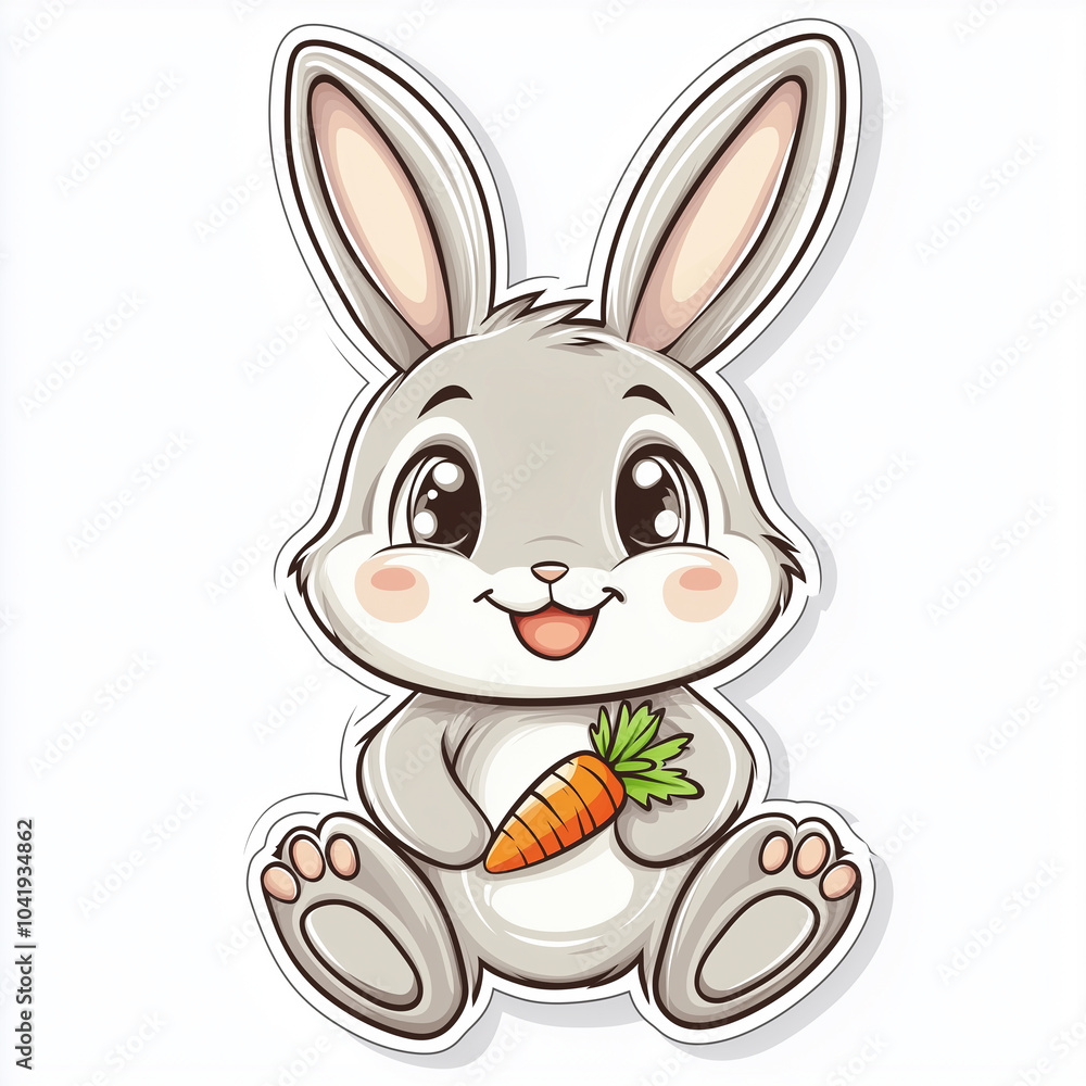 Obraz premium Cute Cartoon Bunny Sticker Holding a Carrot