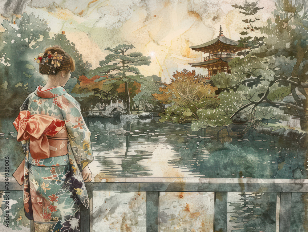 Fototapeta premium A cultural portrait of a woman in traditional Japanese kimono, standing gracefully in a serene temple garden
