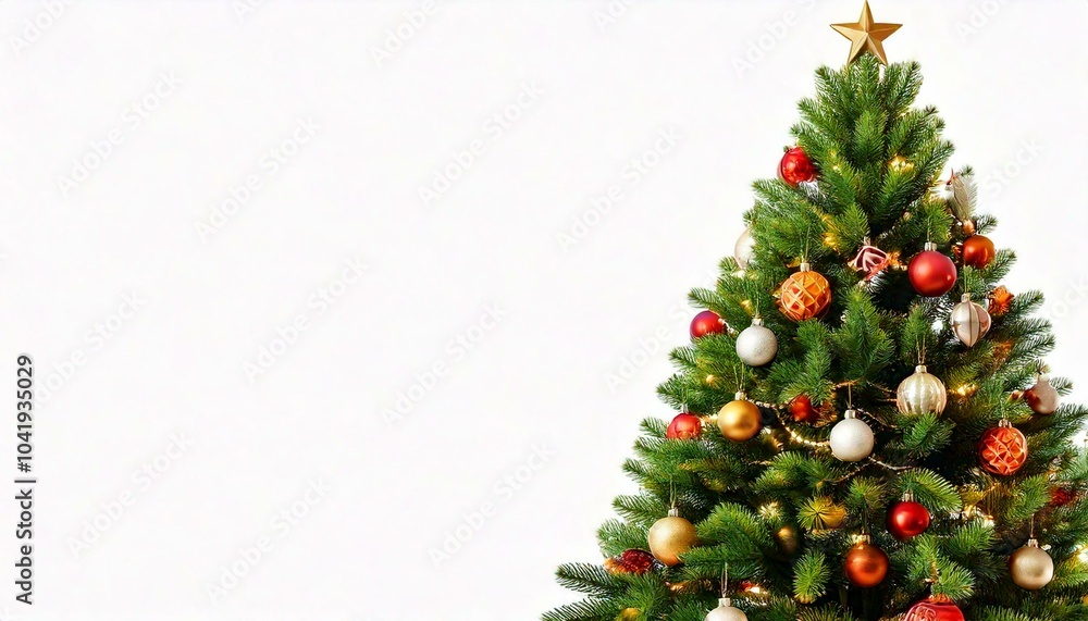A decorated christmas holiday tree isolated on a white background with room for text A decorated christmas holiday tree isolated on a white background with room for text