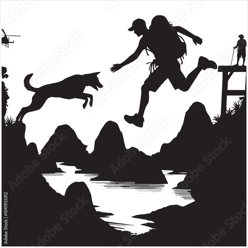 Hiker people joyfully jump from a cliff, framed by a stunning sunset, symbolizing exhilaration and the spirit of adventure.