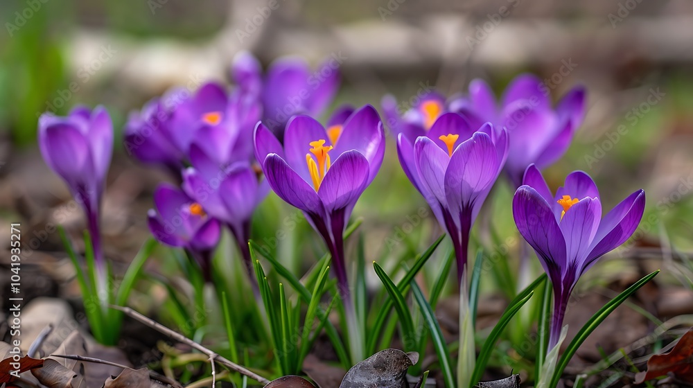 purple crocus flowers in the garden in early spring. soft focus