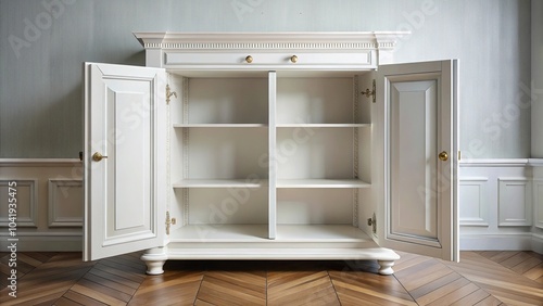 Decorative white cabinet with both doors open showcasing depth of field