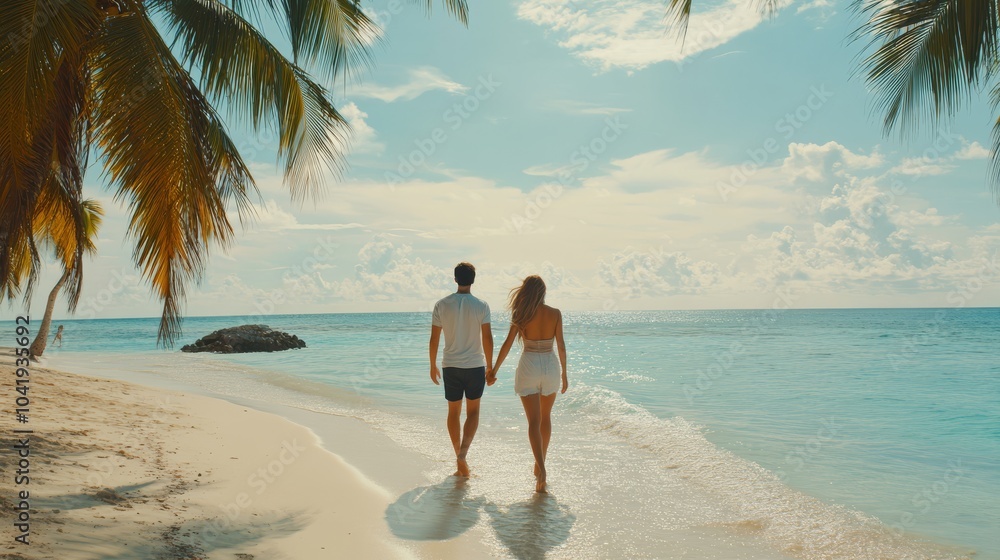 A happy young couple walks on a paradise island on the beach A happy young couple walks on a paradise island on the beach