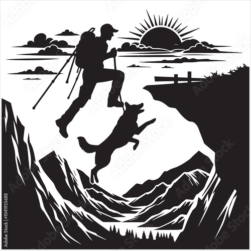 Hiker people joyfully jump from a cliff, framed by a stunning sunset, symbolizing exhilaration and the spirit of adventure.