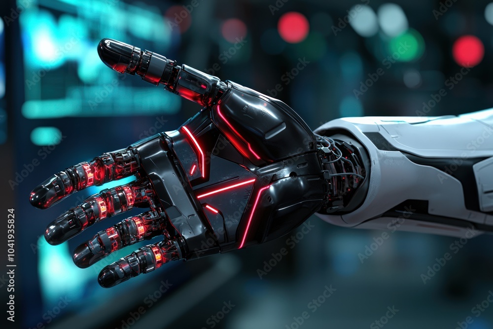 Fototapeta premium Futuristic Robotic Hand with Neon Highlights Showcasing Advanced Technology in Action