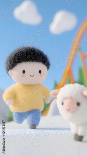 A small boy with balloons and a lamb enjoying a day at a felt amusement park, riding different attractions, super felt style cartoon, very strong felt style, very good felt creationA small boy with ba photo