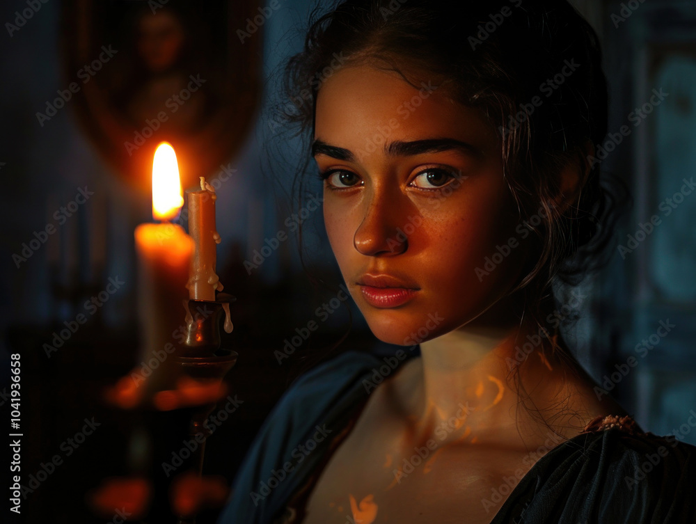 A dramatic lighting portrait in a darkened room, with soft candlelight providing the only illumination, highlighting the subject's delicate features A dramatic lighting portrait in a darkened room, with soft candlelight providing the only illumination, highlighting the subject's delicate features