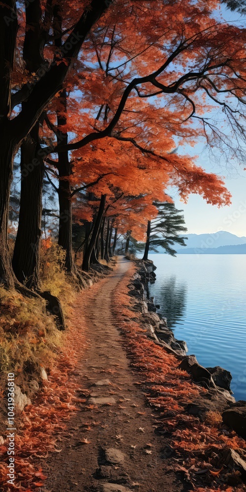 Fall foliage lines a path by the lake Fall foliage lines a path by the lake