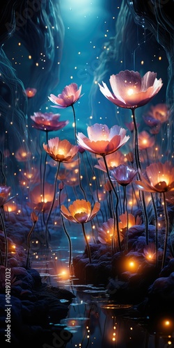 Glowing flowers in a magical forest