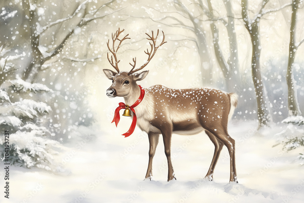 Reindeer with red ribbon and bell in snowy forest Reindeer with red ribbon and bell in snowy forest