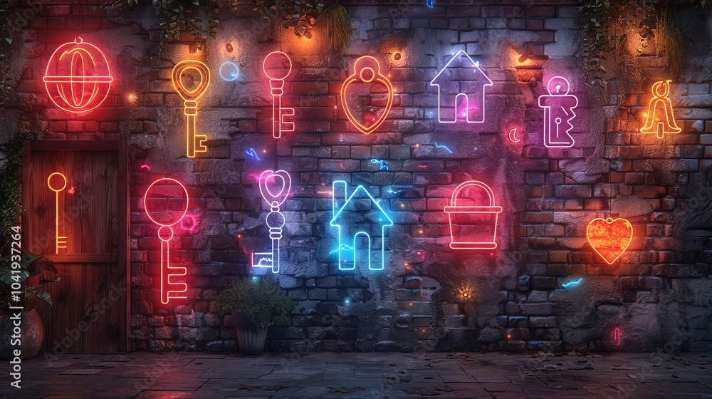 Fototapeta premium Craft a neon collection of home symbols, featuring glowing houses