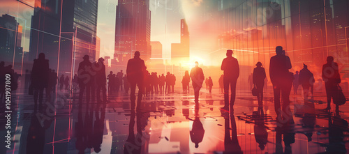 Wallpaper Mural Business Professionals Converging in Urban Office Space with Silhouette cityscape, Collaborative Corporate Environment Under Soft Daylight Torontodigital.ca