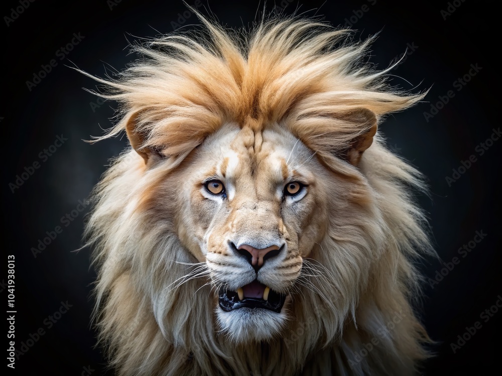 Fototapeta premium Majestic Albino Lion Head in Minimalist Style Against Dark Background for Stunning Wildlife Photography