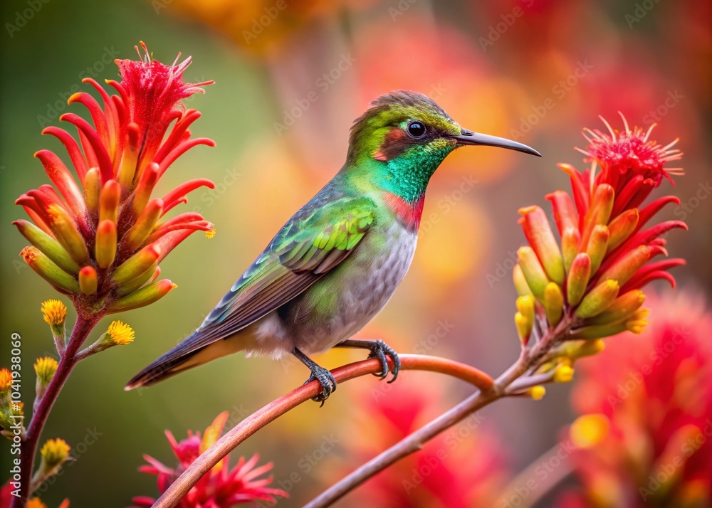 Fototapeta premium Majestic Annas Hummingbird on Flowering Kangaroo Paw Branch in Nature's Splendor