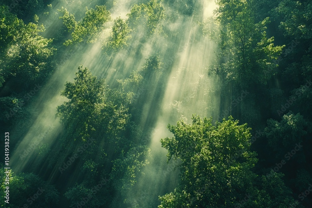 Lush forest with sunlight streaming through trees, creating a serene and peaceful atmosphere in nature. Lush forest with sunlight streaming through trees, creating a serene and peaceful atmosphere in nature.