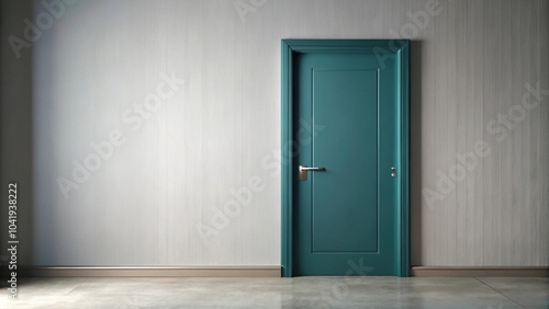 Deep teal door with glossy finish framed by light grey walls, modern minimalistic decor