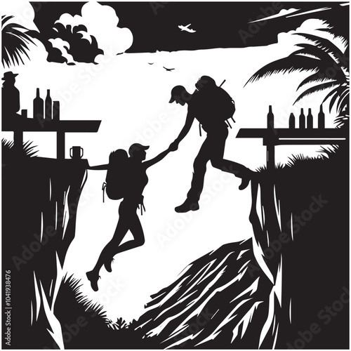 Hiker people joyfully jump from a cliff, framed by a stunning sunset, symbolizing exhilaration and the spirit of adventure.