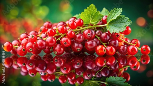 Reflected arrangement of ripe red currants on vibrant background