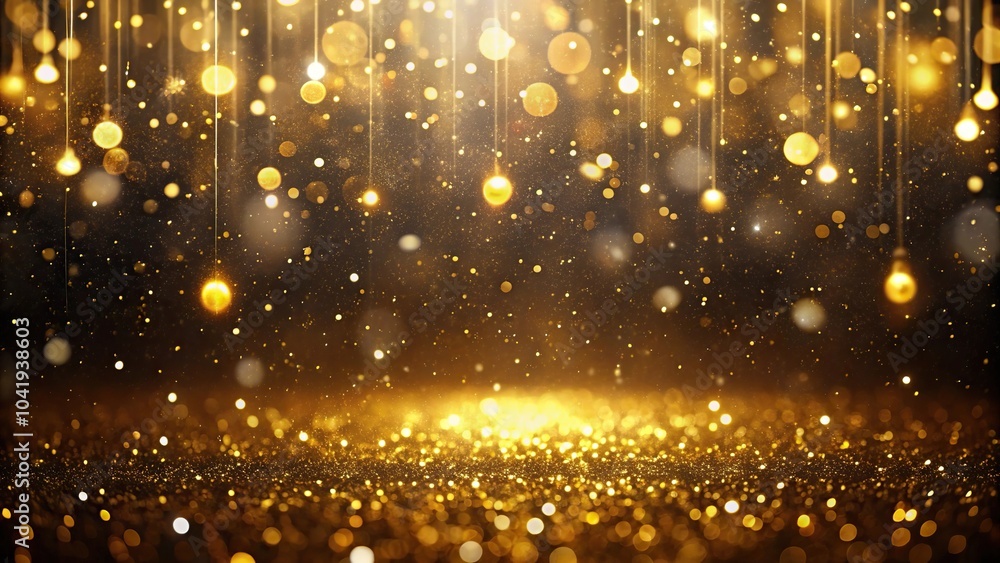 golden glitter rain with falling snow bokeh light effect on dark background aerial golden glitter rain with falling snow bokeh light effect on dark background aerial