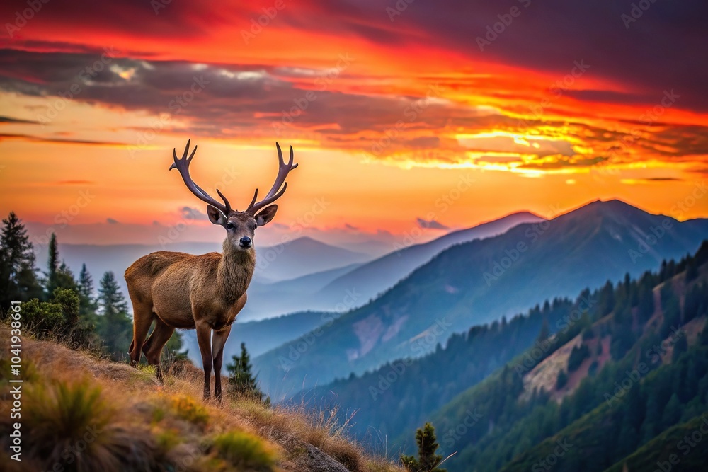 Fototapeta premium Deer in the wild mountains with a red sunset sky from a high angle view