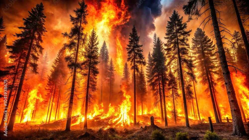 Fiery inferno consuming forest with flames reaching sky Fiery inferno consuming forest with flames reaching sky