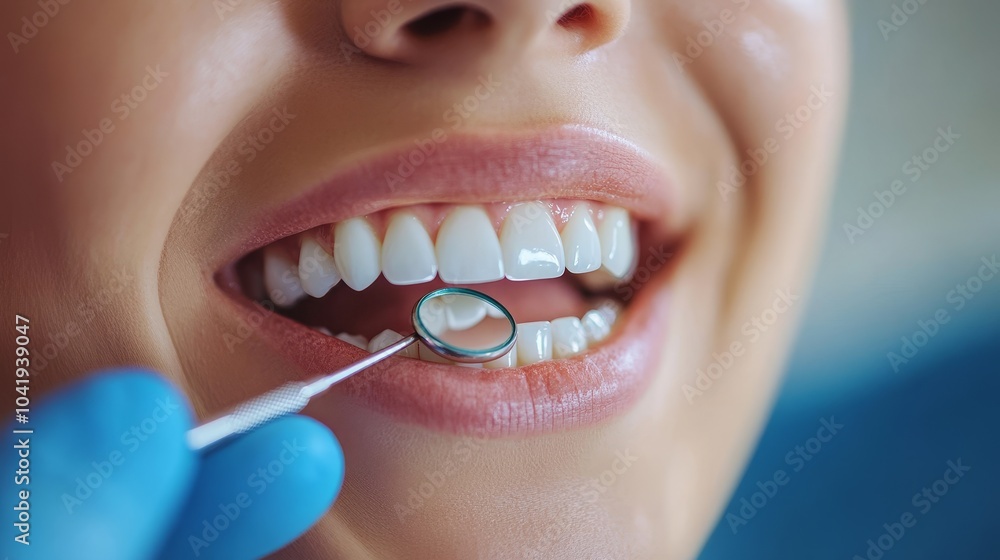 Obraz premium Back View of a Dentist Using a Mirror to Reflect on Patient's Teeth