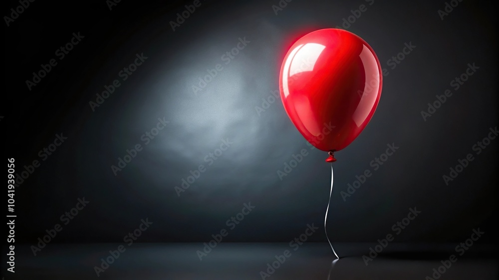 Deflated red balloon hanging on a black thread reflected in water Deflated red balloon hanging on a black thread reflected in water