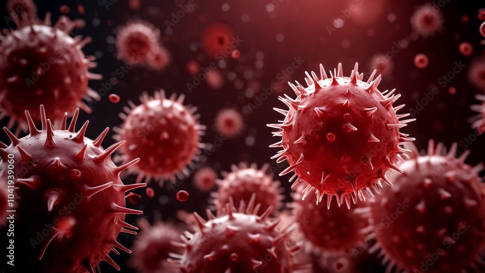 Close-up 3D rendering of red virus particles with spikes against a dark background Close-up 3D rendering of red virus particles with spikes against a dark background