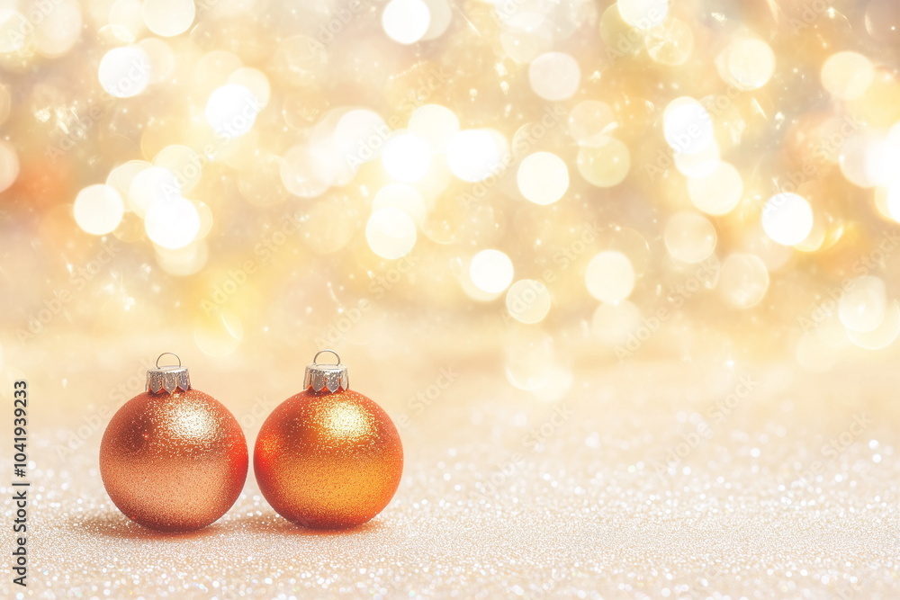 Christmas festive background for greeting card or invitation. Orange christmas tree balls with glitters at yellow and golden bokeh lights background. Copy space or frame for text, banner Christmas festive background for greeting card or invitation. Orange christmas tree balls with glitters at yellow and golden bokeh lights background. Copy space or frame for text, banner