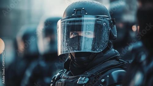 Detailed Shot of a Police Team in Riot Gear with Protective Shields photo