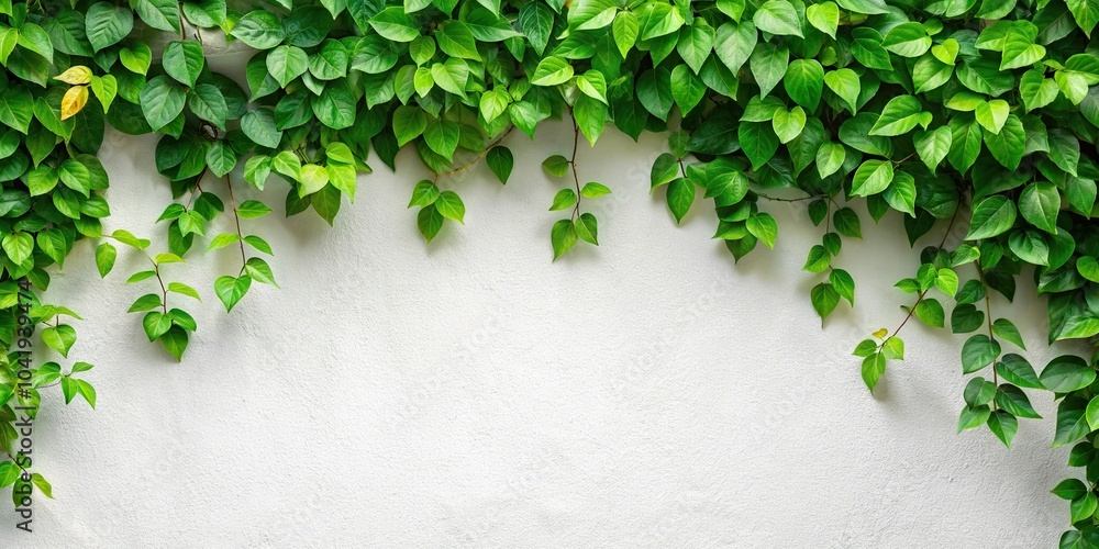 Green leaves attached to a white wall, close up shot Green leaves attached to a white wall, close up shot