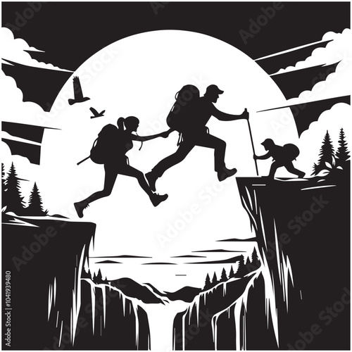Hiker people joyfully jump from a cliff, framed by a stunning sunset, symbolizing exhilaration and the spirit of adventure.
