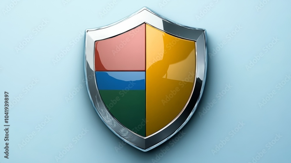 Fototapeta premium A shiny, metallic shield emblem divided into four colorful segments, representing protection and security.