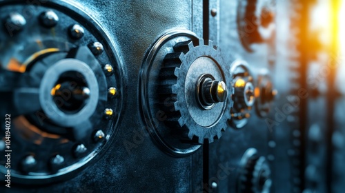 A close-up view of metallic gears, emphasizing intricate details and a blend of light, showcasing industrial machinery and mechanical engineering.