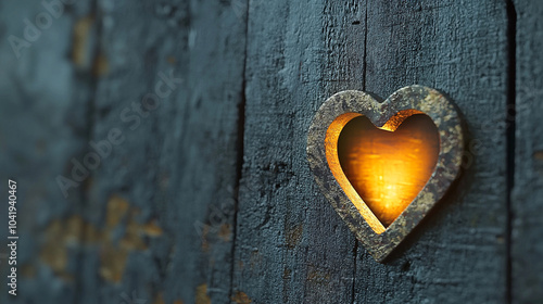 Dark wooden surface with a glowing heart-shaped cutout, showing age and wear. (120 characters)