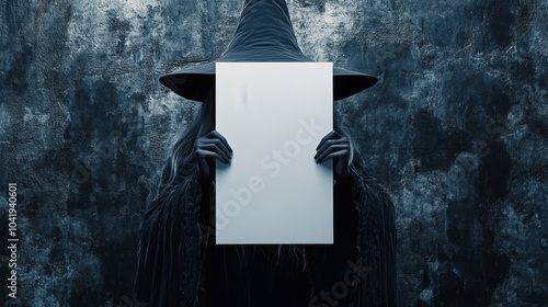 A witch on a mystical background, holding an empty white advertising poster. illustration photo