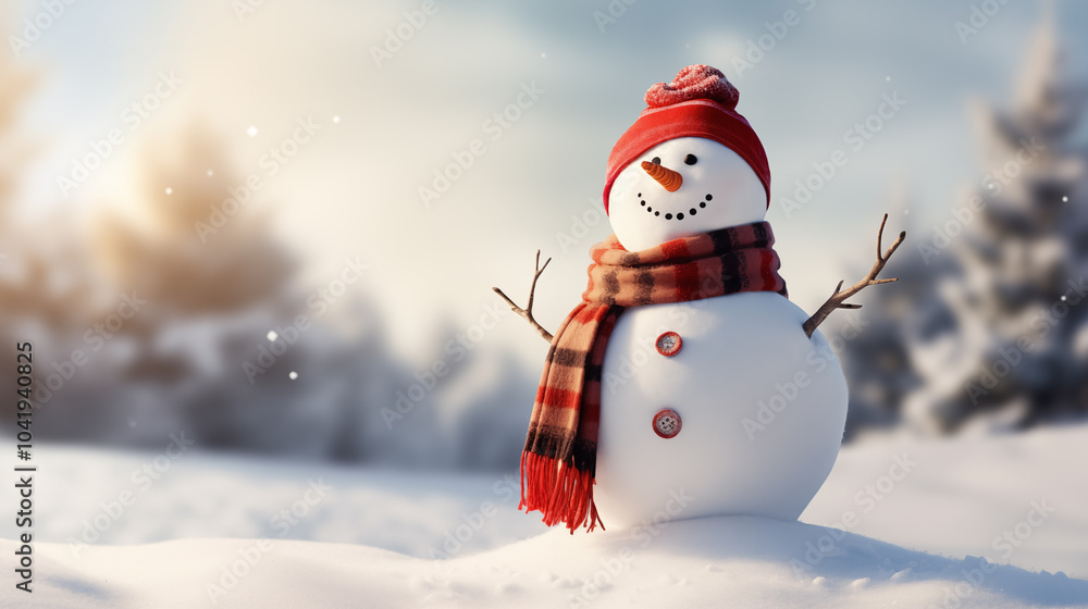 Fototapeta premium A happy snowman wearing a red hat and scarf