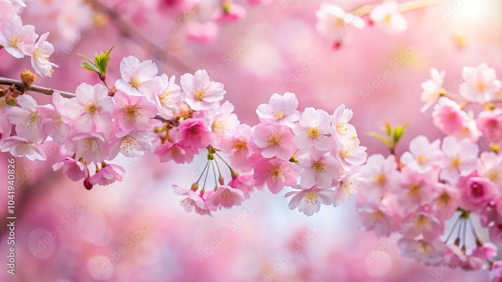 Fototapeta premium Delicate and dreamy pink cherry blossoms in full bloom on an asymmetrical branch