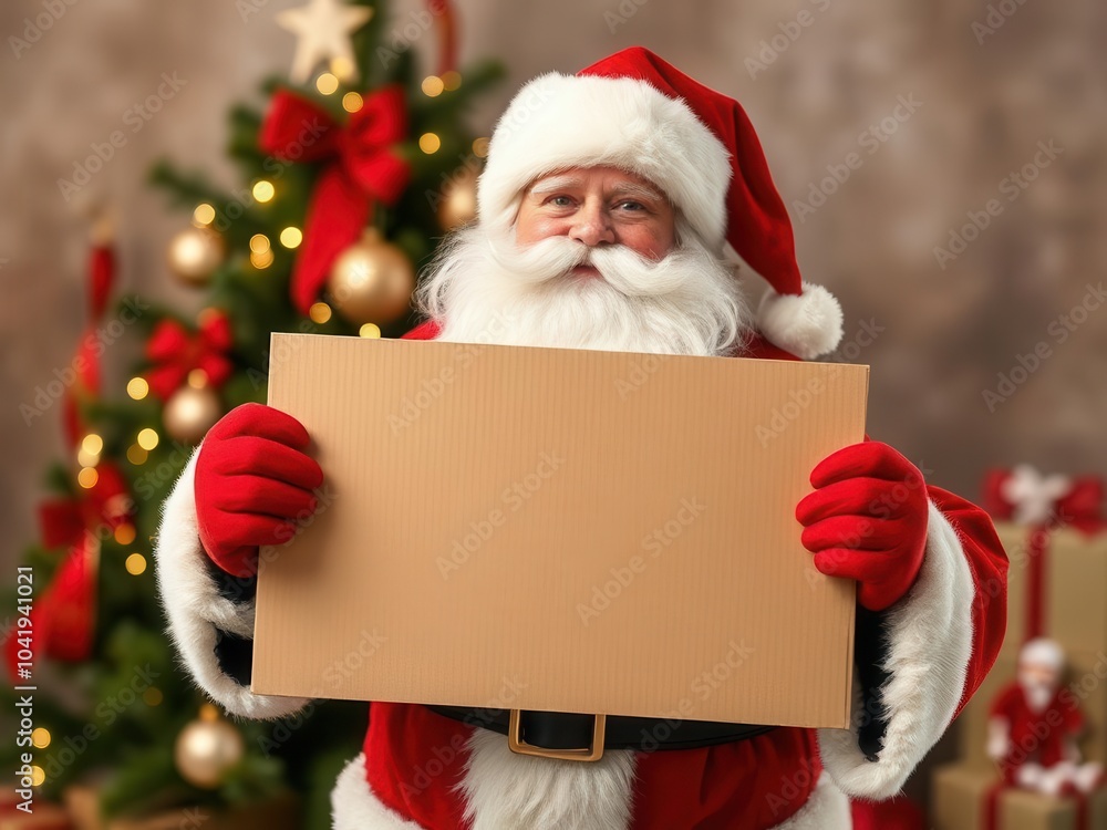 Santa Claus holding a blank sign on a festive Christmas background Santa Claus holding a blank sign on a festive Christmas background
