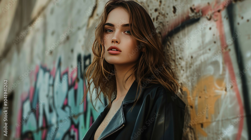 Fototapeta premium A high-fashion model portrait in an urban environment, the model standing confidently against a backdrop of graffiti and concrete