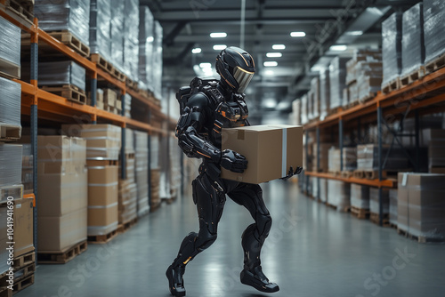 A futuristic delivery worker, clad in a full-body powered exosuit, strides confidently through the warehouse, carrying a heavy box with ease thanks to the strength-enhancing capabi photo